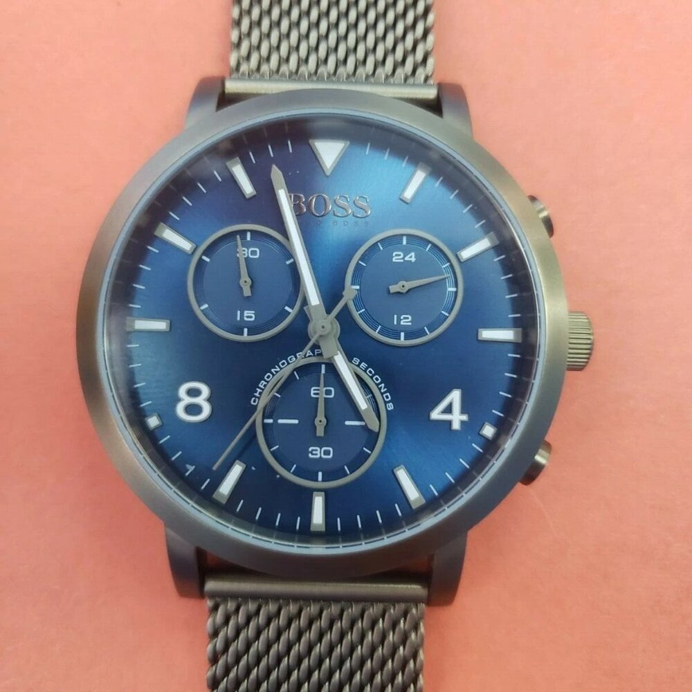NWT Hugo Boss Gunmetal Spirt Blue Face Watch Quartz $325